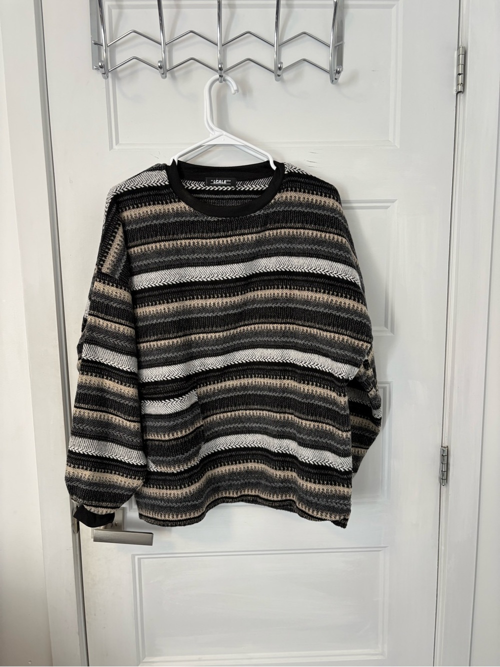 Casual Striped Crewneck Sweater - Black, Gray & Cream